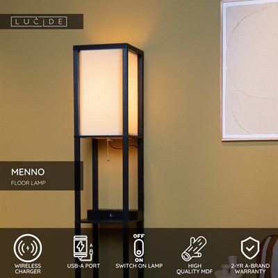 Lucide MENNO - Floor lamp - 1xE27 - With wireless charger - Black